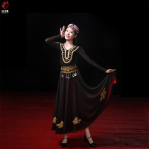 Smoke cloud dance Xinjiang Uighur black and red double-layer Chiffon simulation silk embroidered Uighur skirt dance practice performance suit