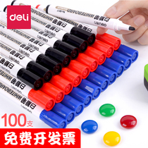 100pcs Deli black whiteboard pen Erasable large capacity large blackboard pen Water-based red marker pen Blue easy-to-wipe childrens drawing board water pen Whiteboard special pen Office stationery