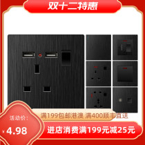 Macau electric light switch black brushed 13A socket panel USB multi-function switch electric light air conditioning switch surface