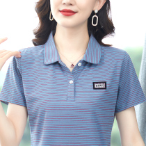 pure cotton t-shirt womens short-sleeved 2021 new loose thin section middle-aged mother lapel stripe led sports polo shirt
