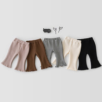 Korean version Spring new childlike girls checkered horn pants for children foreign air casual pants baby cotton long pants