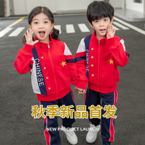 Childrens school uniform set primary school class uniform three-piece red sports short sleeve chorus kindergarten Garden uniform spring and autumn