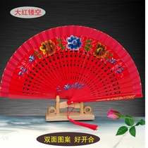 Good opening and closing big red Chinese style womens fan dance Ancient style Hanfu tassel Cheongsam performance folding fan bone hollow