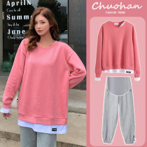 Pregnant womens autumn clothing suit out of fashion models 2021 new pregnant women fall fake two blouses and clothes for the spring and autumn