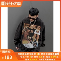 A11SLAVE Hip Hop Singer Sprayed Retro Characters High Street Wash Pullover Round Neck Sweat