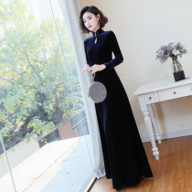 Banquet evening dress female 2021 new noble temperament navy blue long high-end thin annual meeting host dress