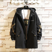 Tide brand long windbreaker coat mens spring and autumn Korean version of loose size ins trend autumn tooling hooded cotton coat