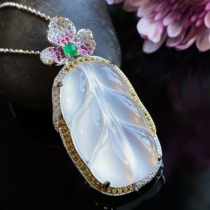 VISING jewelry natural ice white chalcedony agate leaves national style classic meaning pendant necklace