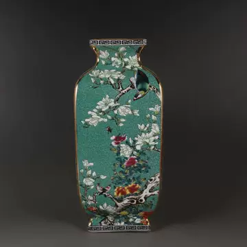 緑地琺瑯彩花鳥紋四角瓶 現代工芸品 美術品 装飾品 置物 緑地琺瑯彩花鳥紋四角瓶 現代工芸品 美術品 装飾品 置物