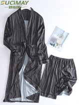 Nightgown Mens summer ice silk long-sleeved pajamas Spring and summer simulation silk morning robe Bathrobe medium-long home wear set