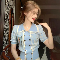 French Lingge lapel knitwear short sleeve women 2021 summer New temperament waist niche foreign style slim age