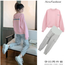 Net red pregnant womens sweater T-shirt Spring and Autumn long sleeve sports loose two-piece maternity suit plus velvet fashion set