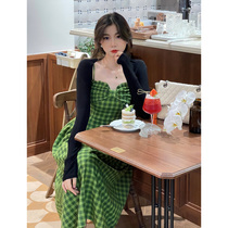 EIA Yiyao (love comprehensive heroine) new Chinese green plaid dress womens summer slip dress two-piece set