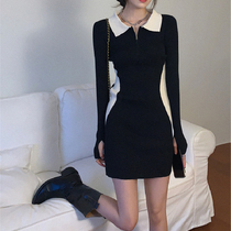polo collar l hot girl fried street knitted dress women Autumn long sleeve skirt temperament waist black hip skirt