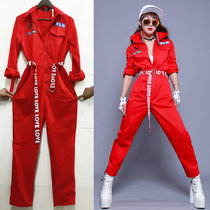 2021 new HIPHOP street dance ds performance suit team dance competition performance suit red one-piece overalls