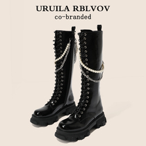 UR High Cylinder Rider Boots Woman 2021 new pearls chain long cylinder boot thick bottom thick legs conspicuarly slim but knee-length boots