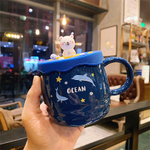 Creative cute fresh whale mug womens belt lid ceramic cup ins student household coffee drinking cup