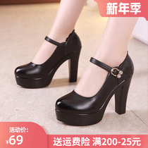 Super high-heeled 12cm cheongsam model catwalk shoes womens coarse heel thick bottom waterproof table round head leather work shoes womens single shoes