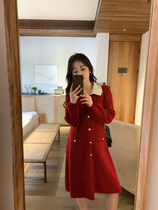 ◆ AMUM maternity dress ◆ Cocoa Sweet ~ New Year's Red Single-breasted Lapel Design Knitted Fall Winter Dress