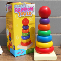 Wooden childrens rainbow tower stacked baby Early Education 1-3 years old ring building block set ring pillar benefit intelligence toy