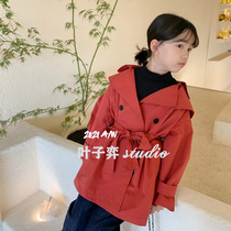 Korean version of the childrens coat 2021 autumn and winter new girls  foreign style large lapel double breasted medium long-sleeved trench coat tide
