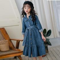 2021 spring new girls  long-sleeved dress Korean childrens clothing denim childrens medium-long waist skirt