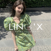 sandro asw small fresh bubble sleeve sweet dress women 2021 new V-neck thin cuihua short skirt summer