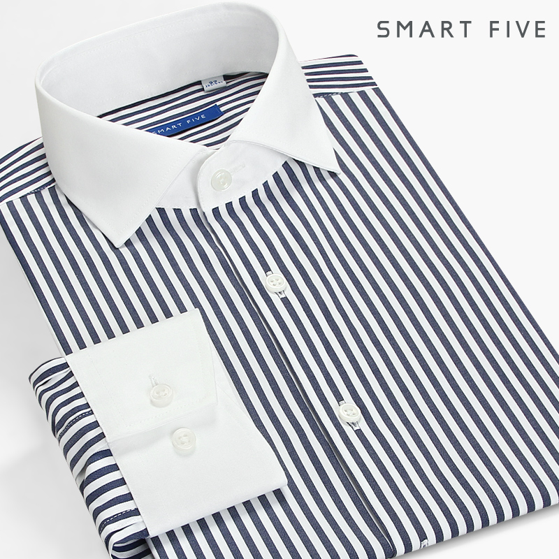 日式异色领衬衫条纹长袖潮流拼接修身商务休闲纯棉免熨烫白领衬衫