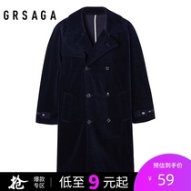 gr mens winter new corduroy Japanese mens windbreaker double-breasted loose medium-long thick coat coat