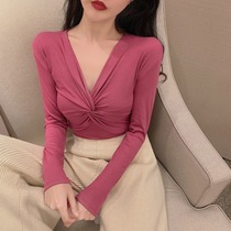 Vonluxe Joker V collar base shirt female spring and autumn slim fit inside fashion foreign style long sleeve T-shirt sexy top