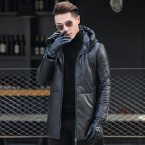 Winter leather clothing Haining leather down jacket mens sheep leather long hooded slim leather jacket plus velvet thick coat