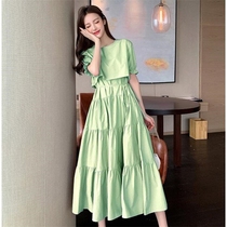 Fat mm dress Summer small fresh super fairy Retro Hepburn wind quality thin large size large swing loose mid-length skirt Forest department