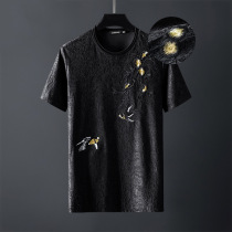 Rich bird ice silk short-sleeved T-shirt mens dark pattern printing round neck slim half sleeve embroidered T-shirt trend casual large size