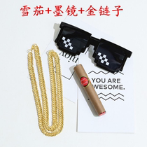 Shadow Building New Photography Props Evil To Mosaic Glasses Mesh Red Shivering Voice Same Fung Funny Creative Big Gold Chain Cigars