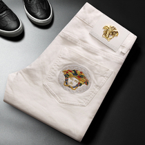 Spring white embroidery Chauder jeans Mens body small footed youth elastic personality printed high-end casual new