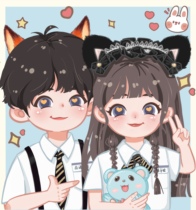 Painter Q-version hand-painted head portrait design watercolor couple cartoon character Image real-life photo comics customization