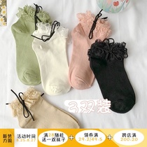  3 pairs of Japanese simple lace girls short tube socks Autumn all-match sweet bow thin belt socks women