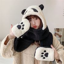 Japanese autumn and winter hats childrens cute panda scarves gloves one plush double layer warm ear protection cycling face protection