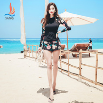 Sanqi long-sleeved swimsuit womens split conservative plus size printing Korean thin belly beach hot spring holiday swimming suit
