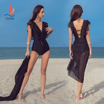 Sanqi swimsuit 2021 new hot spring female one-piece thin belly cover-up lace blouse two-piece holiday swimming suit