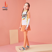 Sanqi childrens swimsuit womens summer split girls long-sleeved trousers quick-drying small medium and large childrens one-piece skirt swimming suit