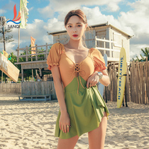 Sanqi swimsuit female conservative student 2021 new one-piece skirt high waist shaping body cover belly thin bathing hot spring swimsuit
