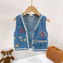 2022 Spring and autumn clothes new Korean version of female baby Cowboy waistcoat Childrens soft vest Shoulder Girl Outlap Jacket