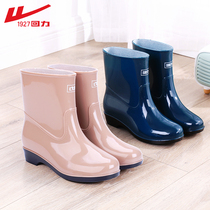 Back Force Rain Shoes Women Plus Suede Water Shoes Fashion waterproof non-slip short drum midbarrel rubber shoes ladies add cotton rain boots Water boots