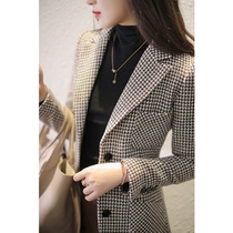  Plaid blazer womens spring and autumn slim waist plaid British style thickened woolen suit Houndstooth small suit