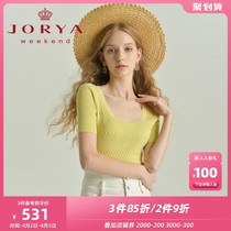 Zhuoja Weekend 2022 Summer New minimalist pure color U neckline with roeprint short sleeve knitwear EJWBBQ35