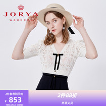 Zhuoja Weekend 2022 Spring new sweet and beautiful V collar butterfly knot hollowed-out 50%-sleeve body-knitted sweatshirt EJWCAQ70