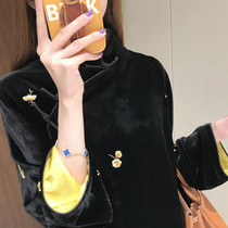  Heavy boutique texture luxury yellow embroidery retro handmade plate buckle stand-up collar new Chinese silk top female