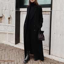 2021 New Hepburn super long temperament knee coat winter windbreaker black suit jacket women