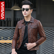 Leather leather mens slim lapel short sheepskin motorcycle leather jacket Young handsome spring and autumn coat tide